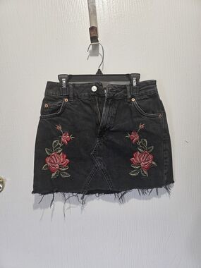 Topshop Black Denim Mini Skirt with Red Rose Embroidery